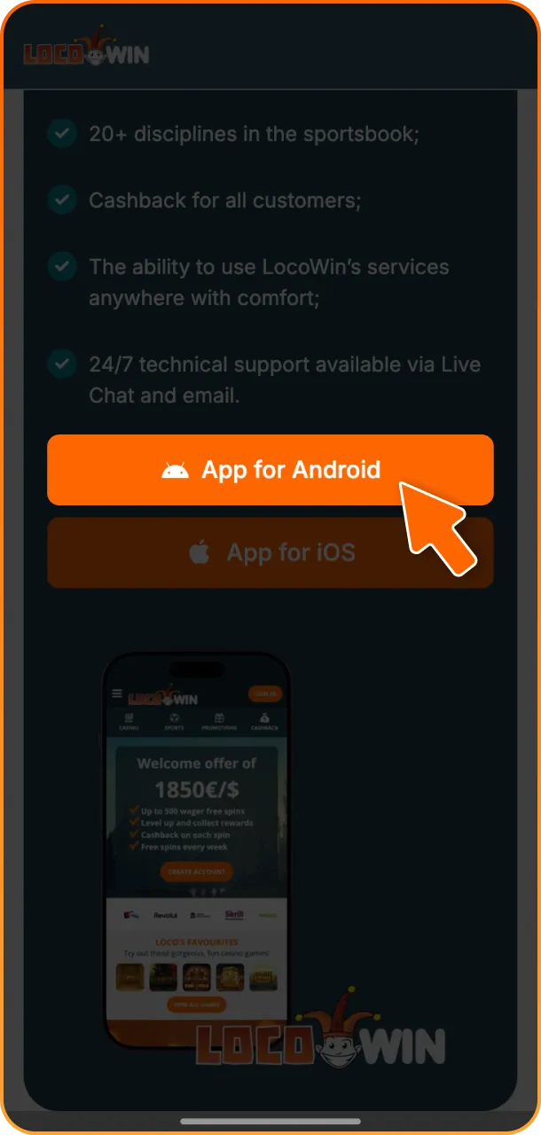 Go to the LocoWin website to find the Android app download link.