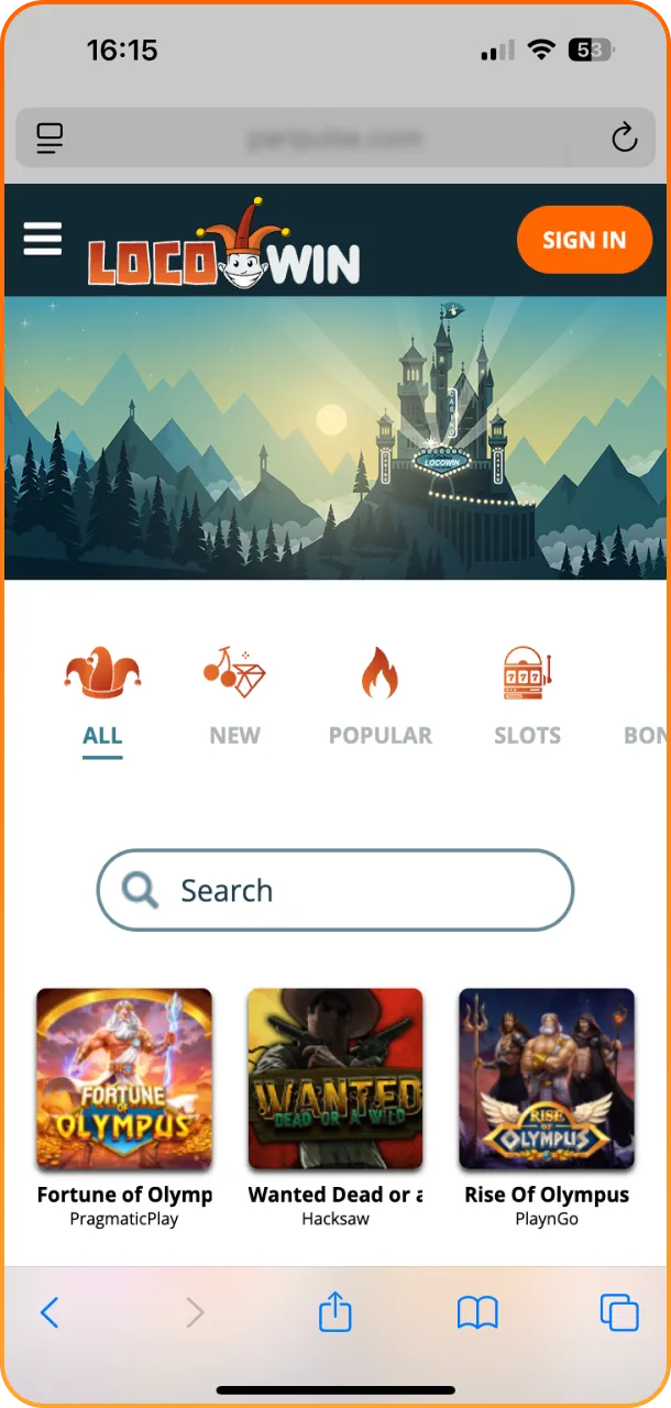 Go to the LocoWin website using your mobile Safari browser on iPhone.