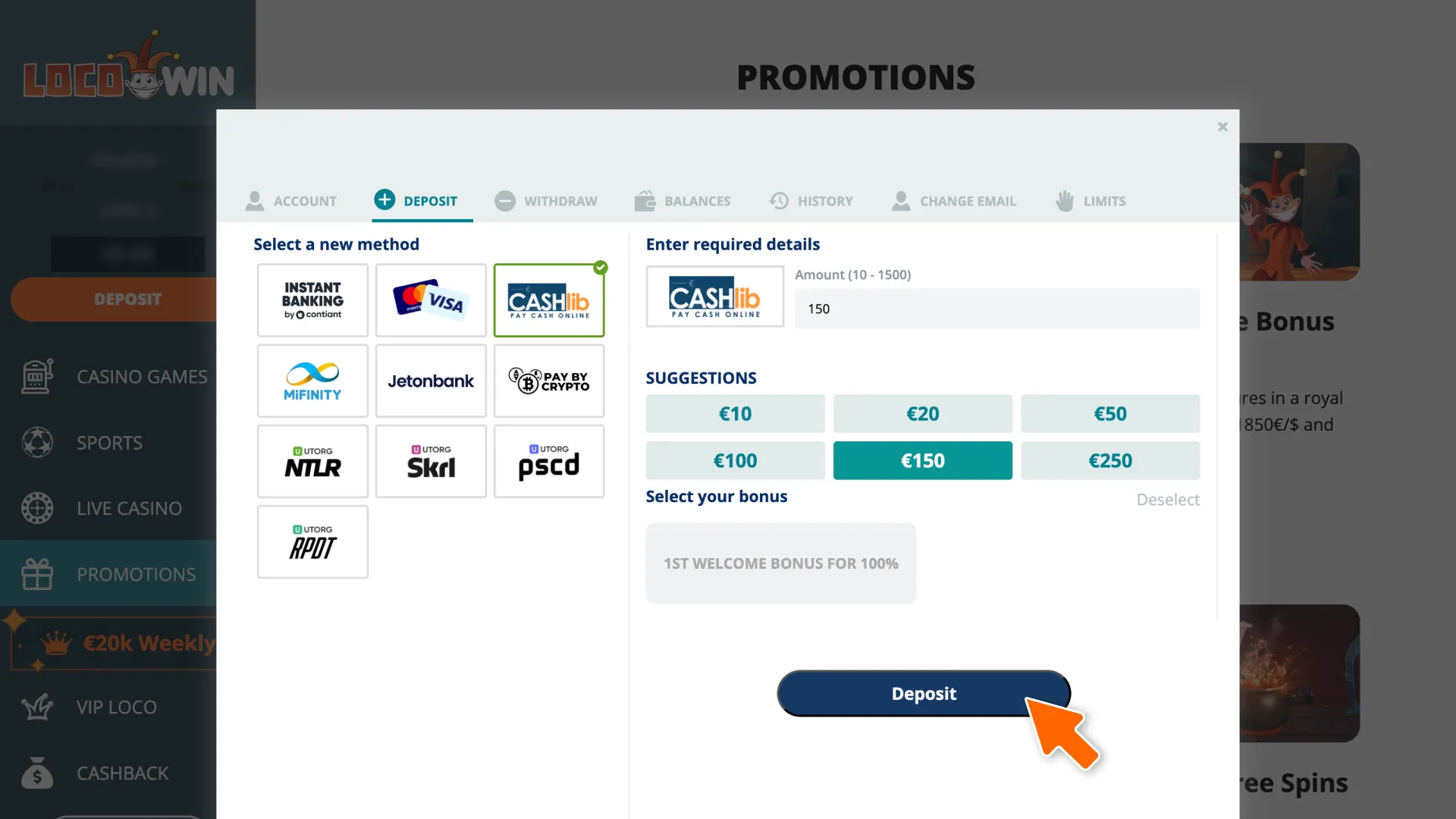 Finalize the transaction to confirm the deposit on the LocoWin platform.