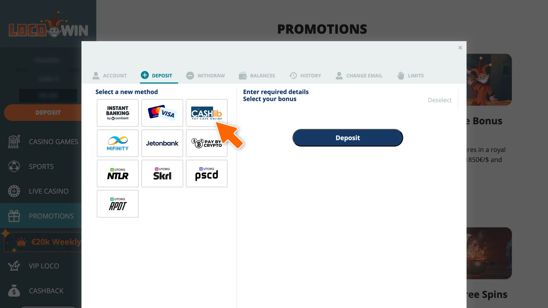 Browse the cashier and select a payment method for your LocoWin deposit.
