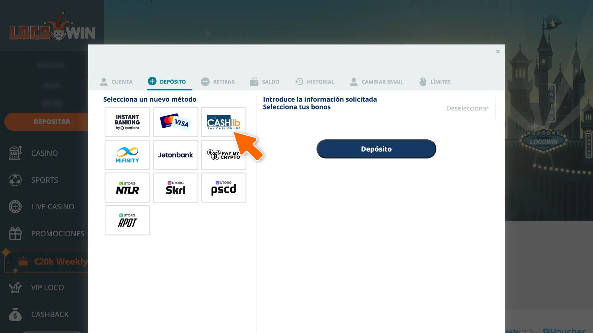 Navega por el cajero y selecciona un método de pago para tu depósito en LocoWin.