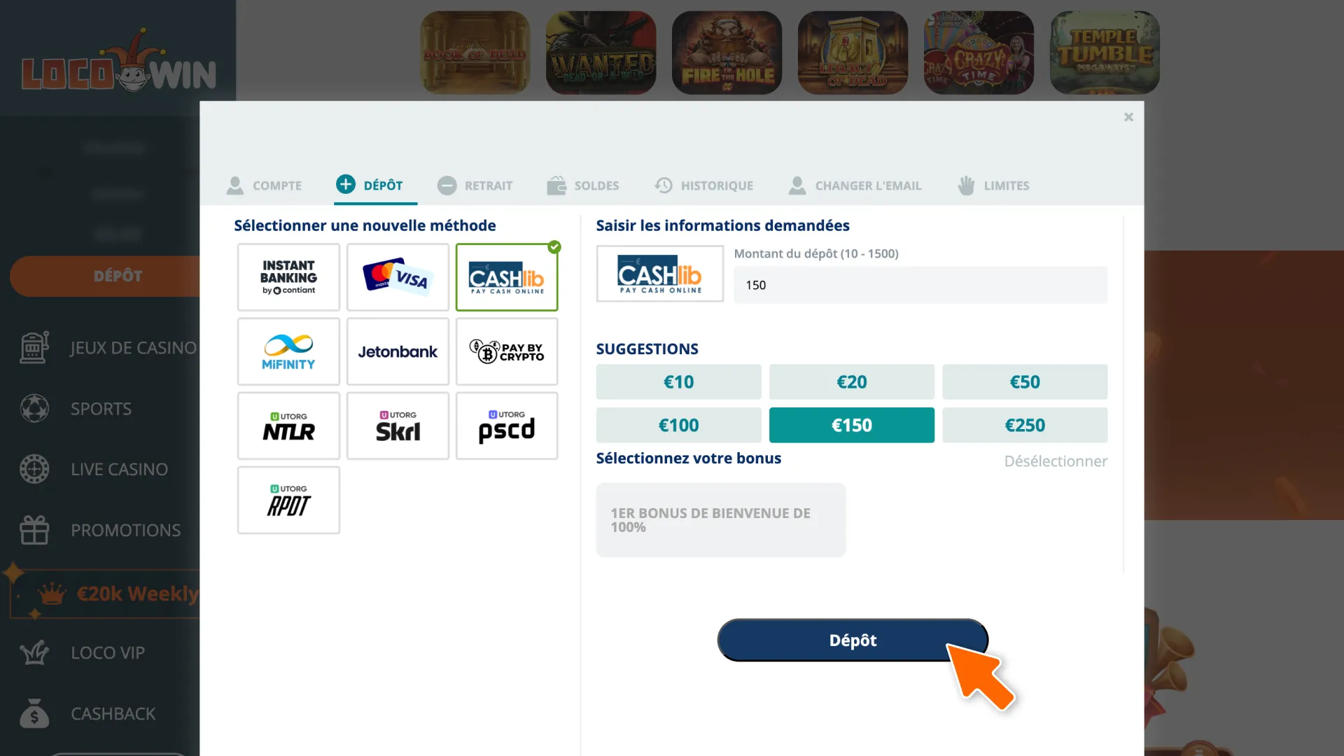 Finalisez la transaction pour confirmer le dépôt sur la plateforme LocoWin.