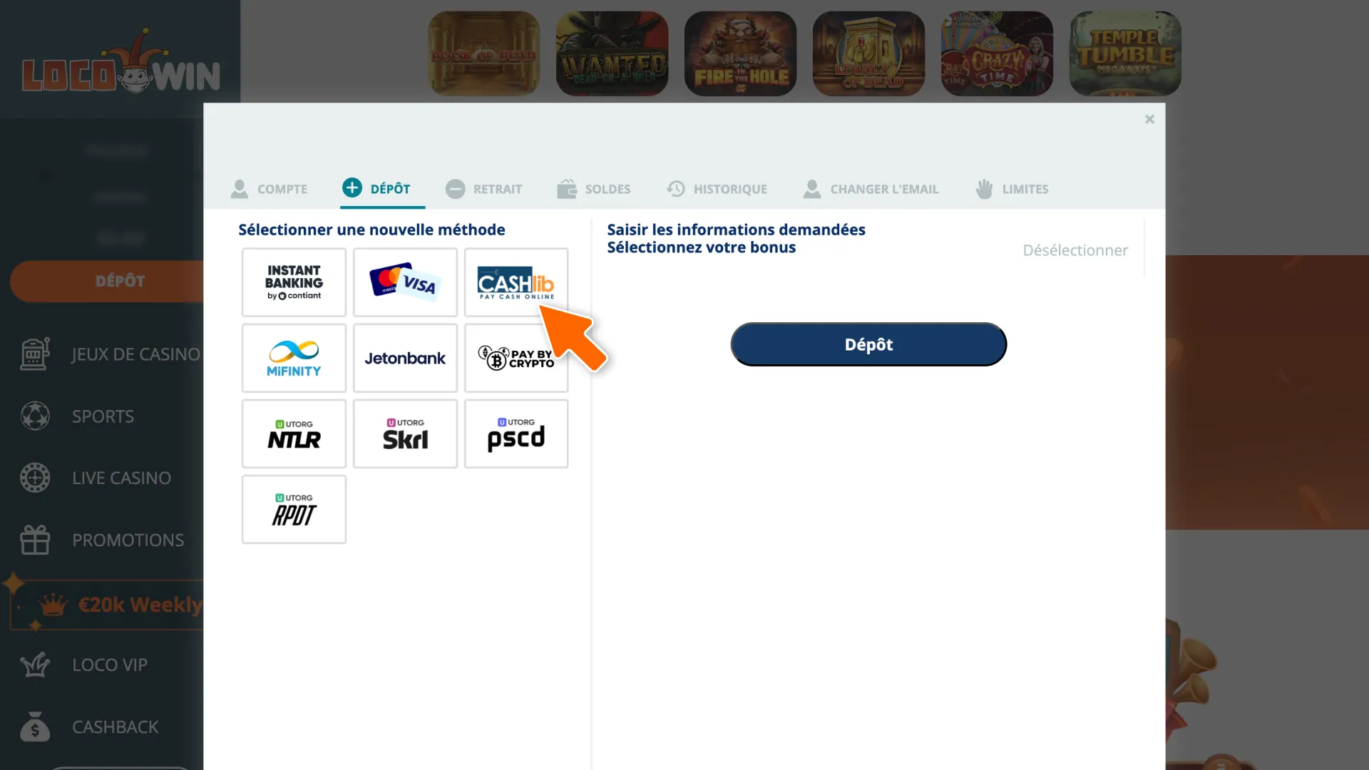 Consultez la section « Caisse » et sélectionnez un mode de paiement pour votre dépôt LocoWin.