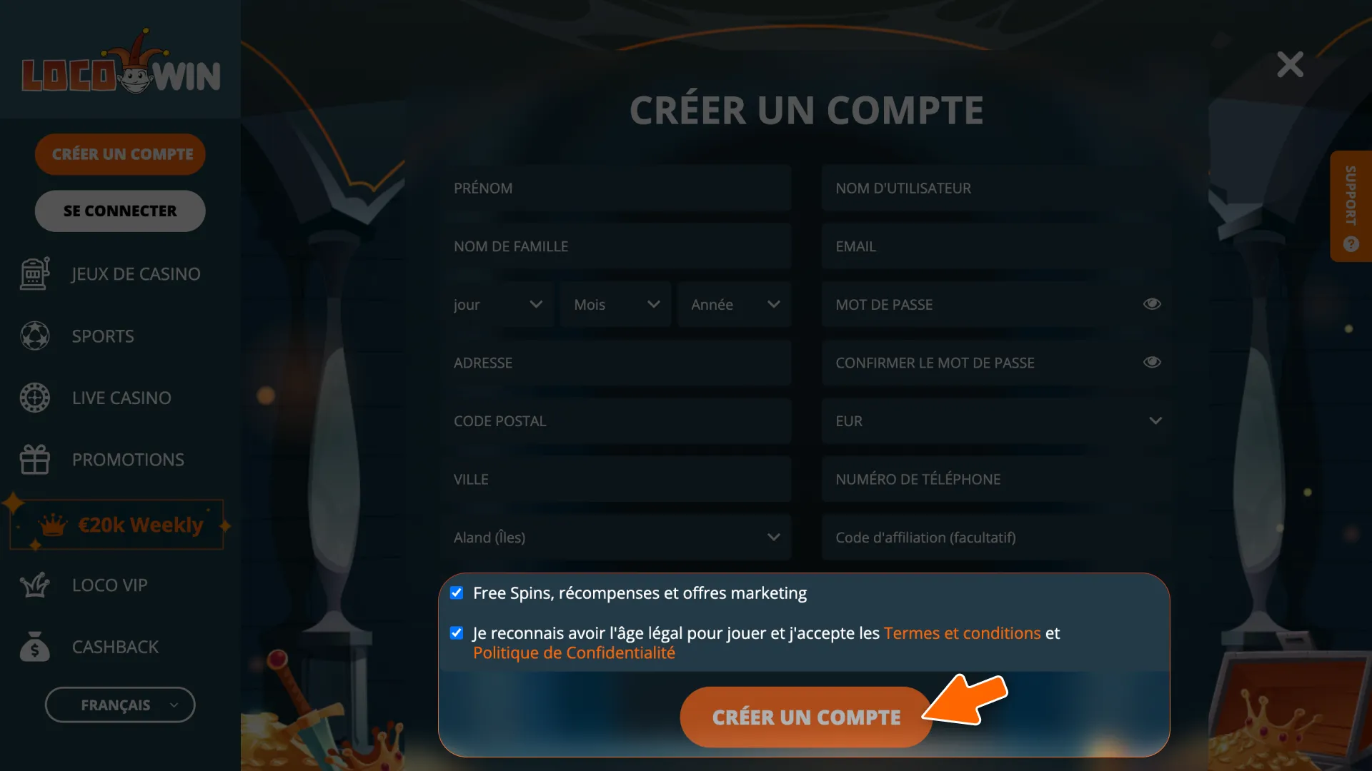 Finalisez les étapes pour terminer votre inscription à LocoWin et commencez à jouer.