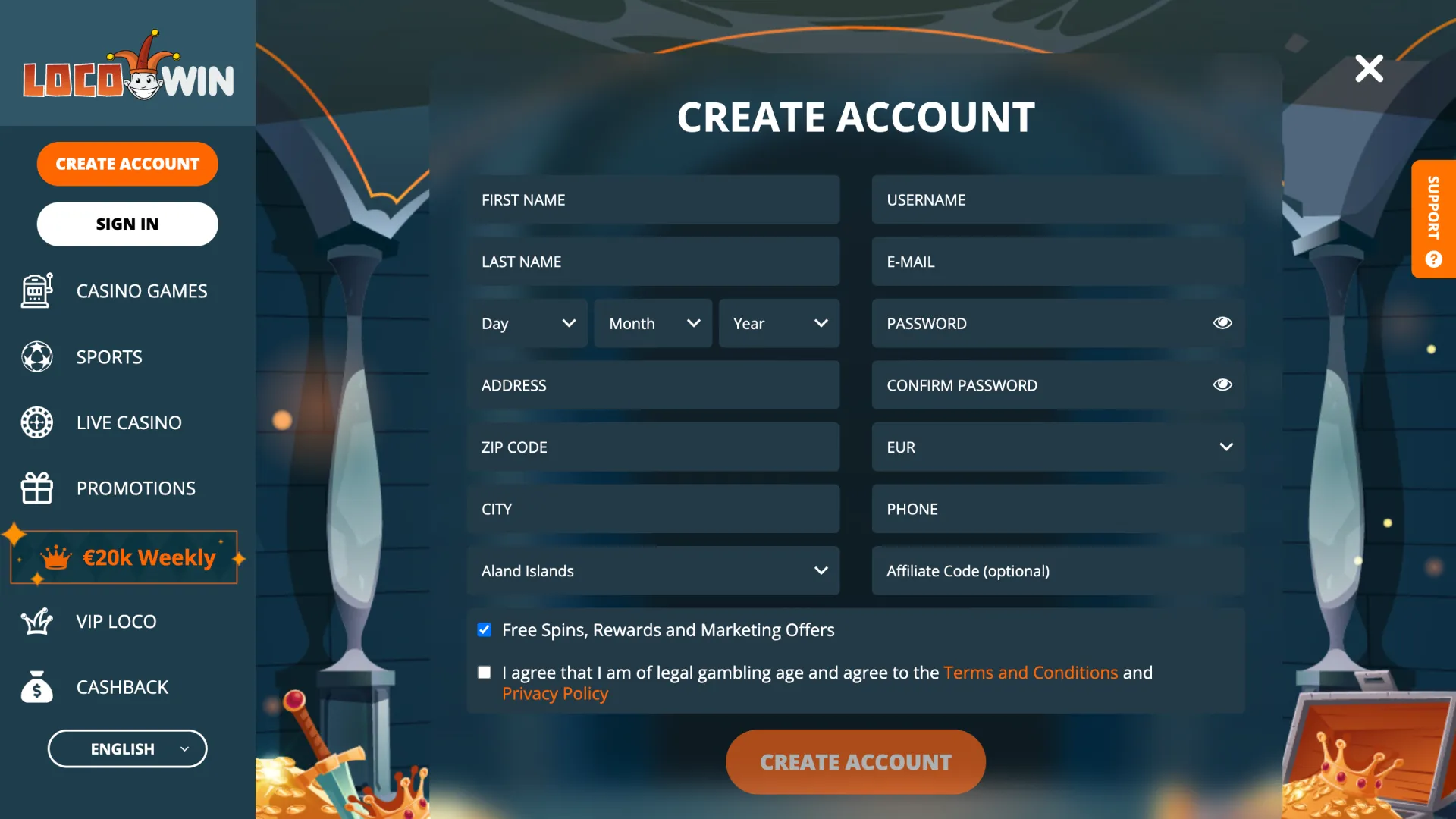Use the main interface register form at LocoWin home to create your account.