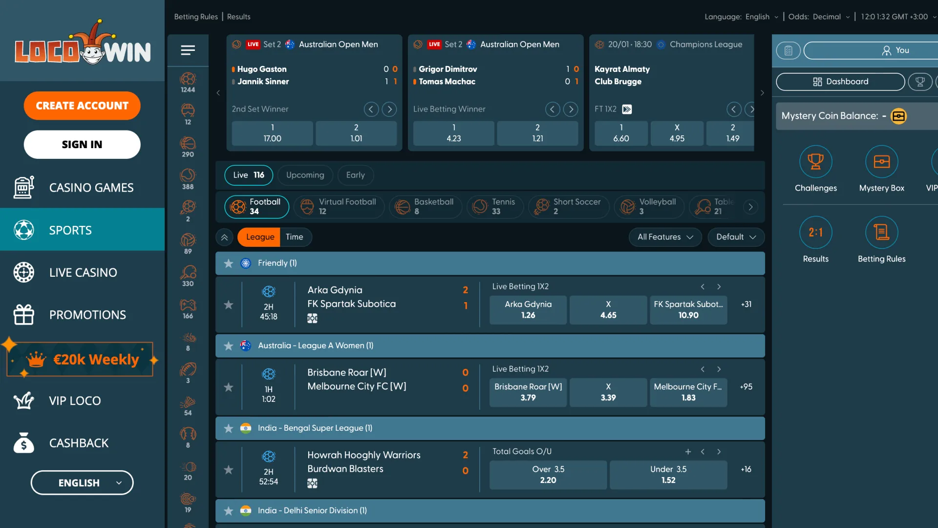 Navigate the main interface sport section at LocoWin home to place bets.