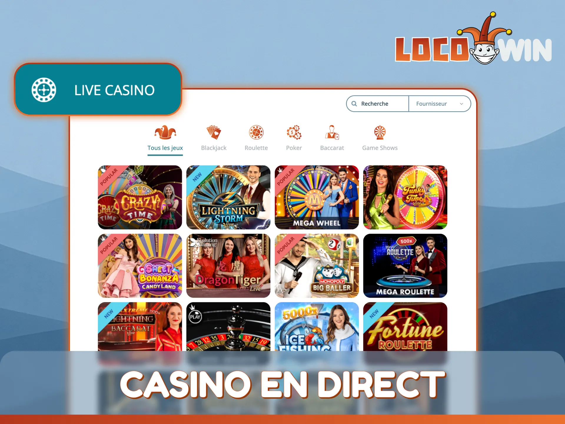 Accédez à la section casino en direct de LocoWin et jouez avec de vrais croupiers.