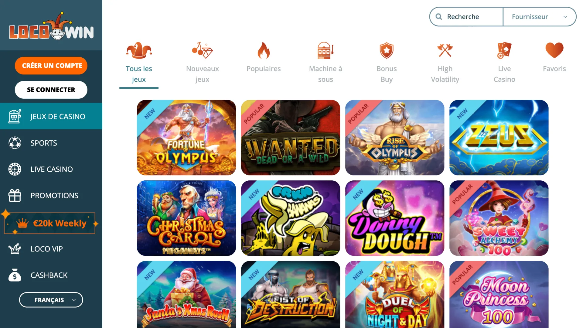 Explorez la section des machines à sous de l'interface principale sur la page d'accueil de LocoWin pour trouver des jeux.