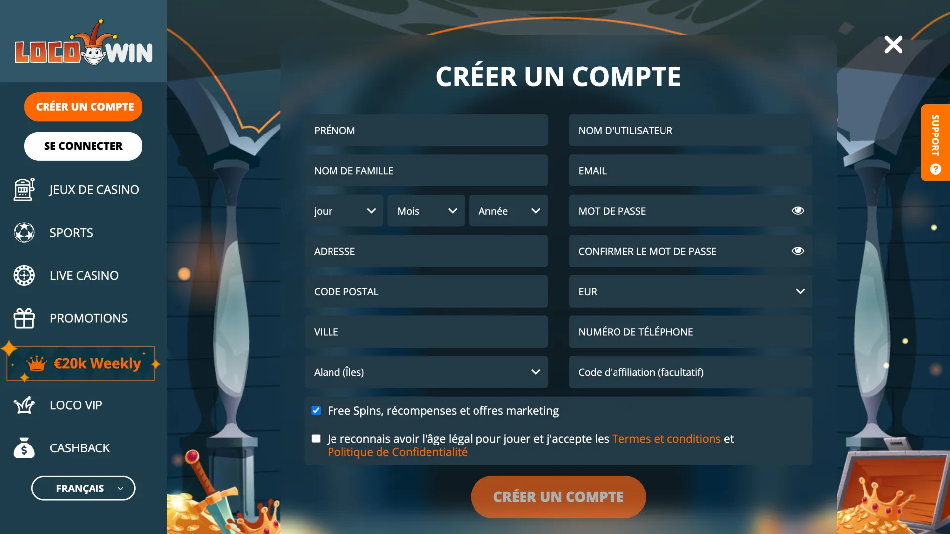 Utilisez le formulaire d'inscription de l'interface principale sur la page d'accueil de LocoWin pour créer votre compte.
