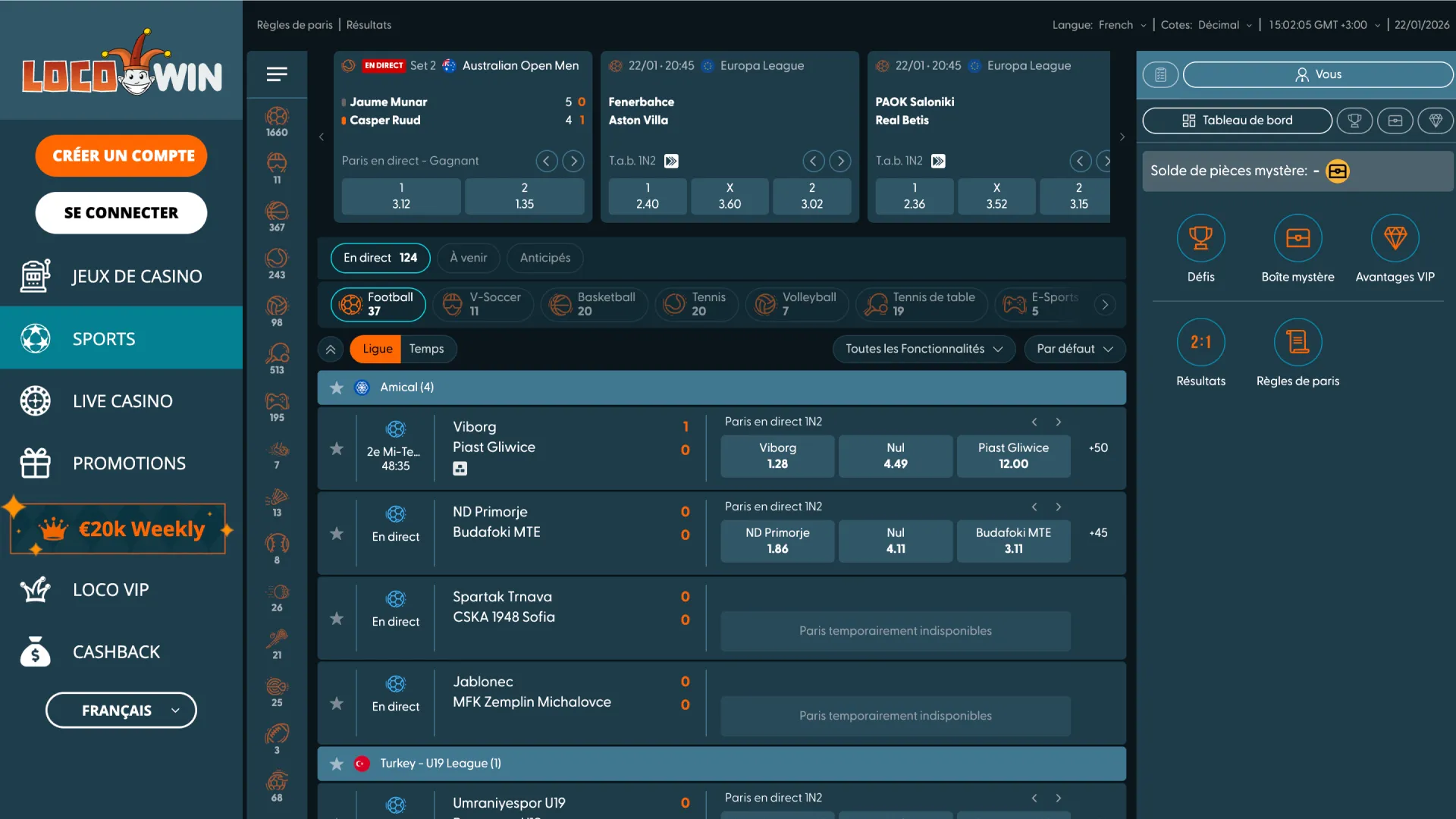 Accédez à la section sport de l'interface principale du site web de LocoWin pour placer vos paris.