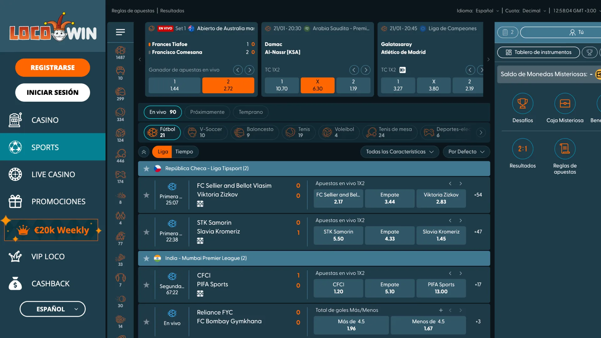 Navegue por la sección de deportes de la interfaz principal en la página de inicio de LocoWin para realizar apuestas.