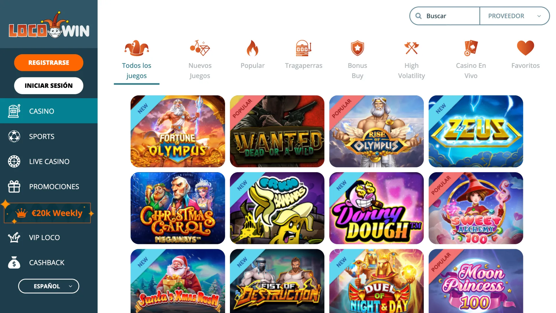 Explora la sección de tragamonedas de la interfaz principal en la página de inicio de LocoWin para encontrar juegos.