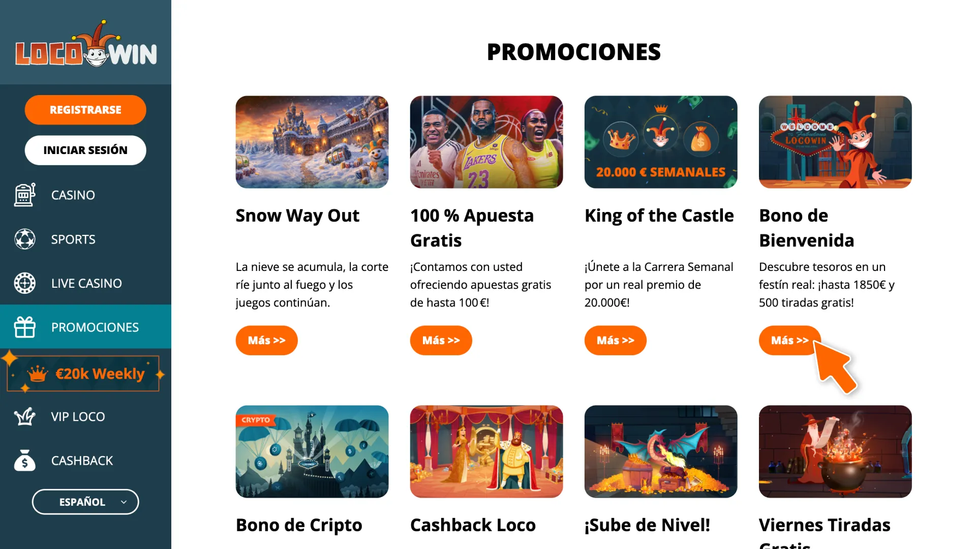 Explora la biblioteca y selecciona un bono en la plataforma LocoWin.