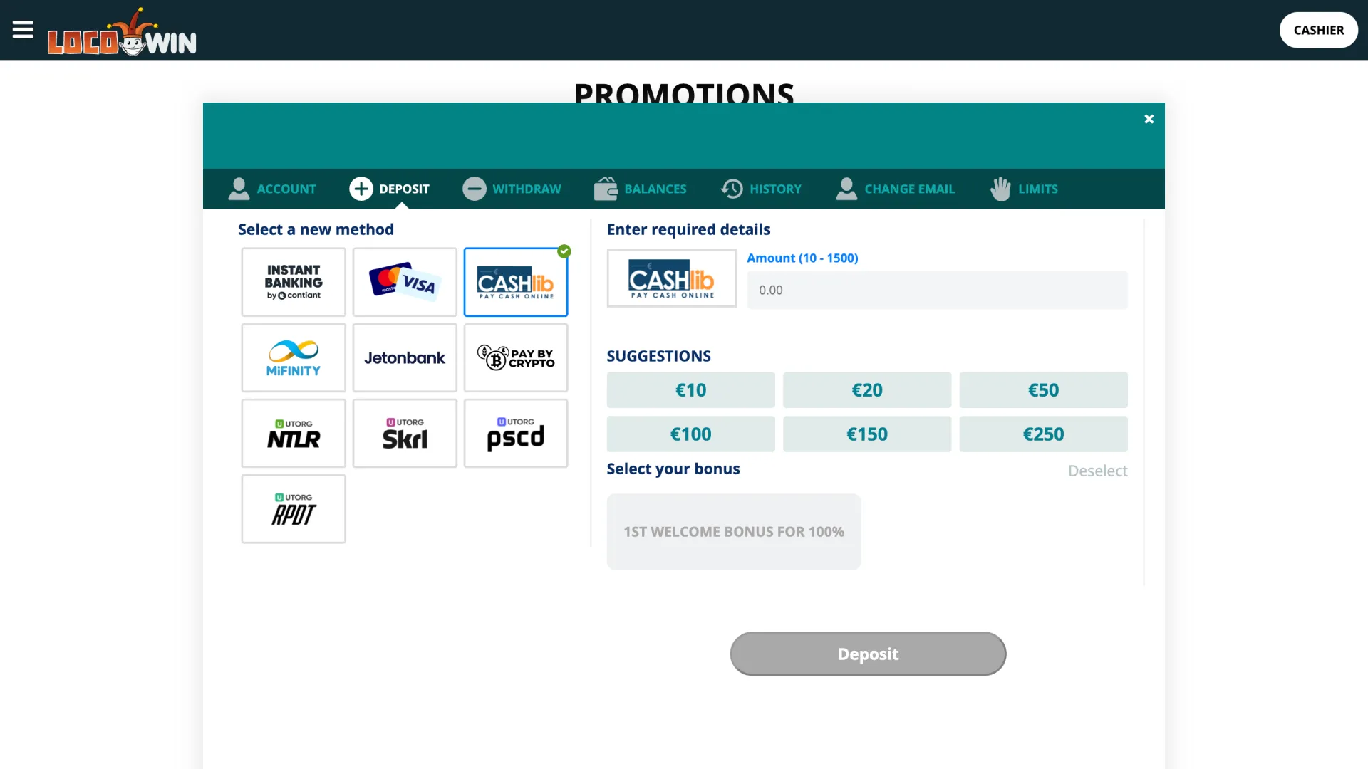 Fund your balance and make a deposit to trigger LocoWin rewards.