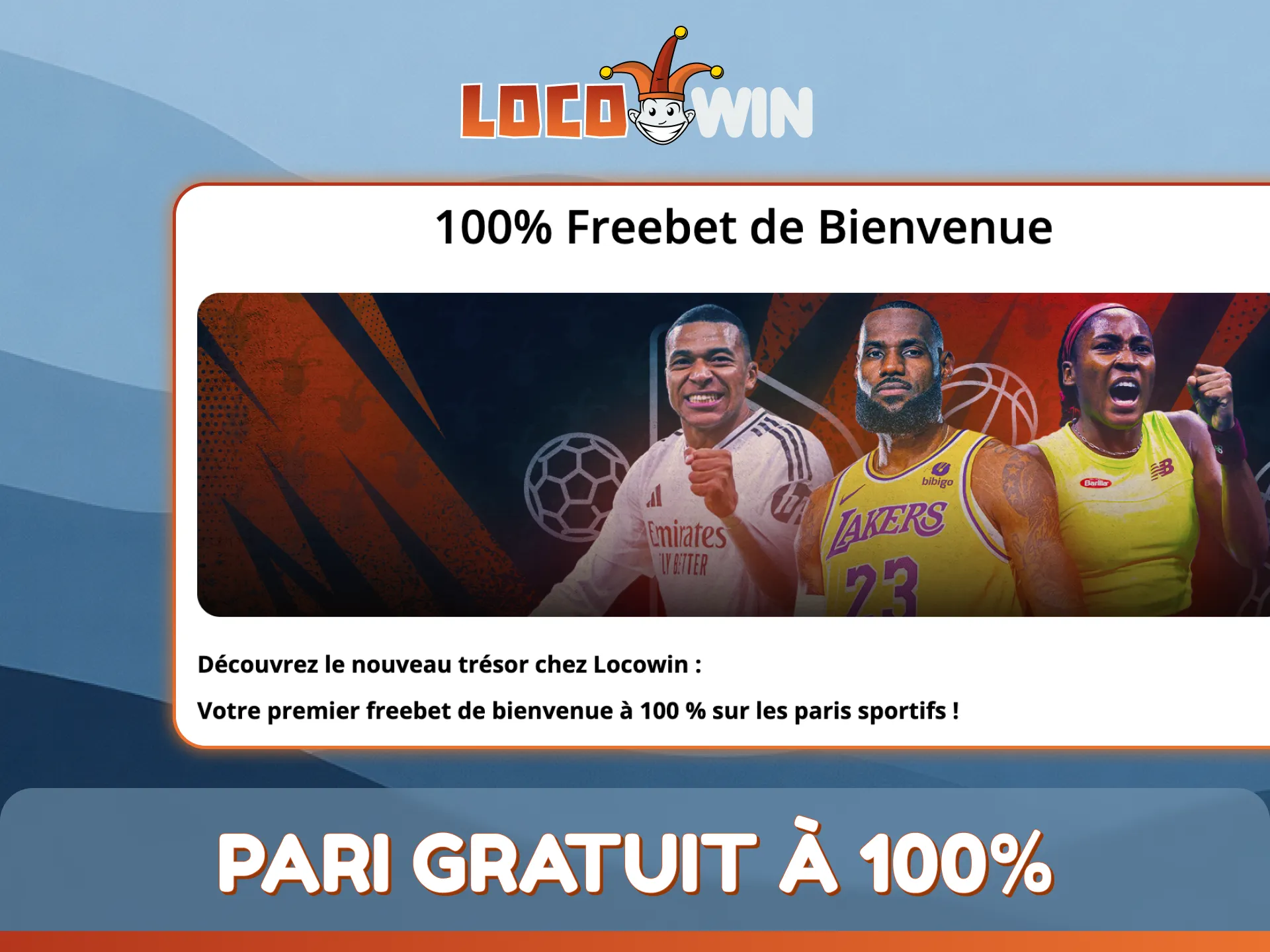 Utilisez votre pari gratuit de bienvenue à 100 % pour les sports chez LocoWin.