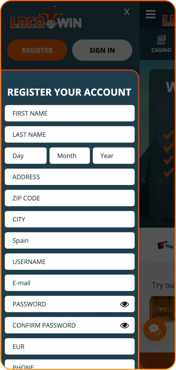 Submit the form and enter your personal details for LocoWin registration.