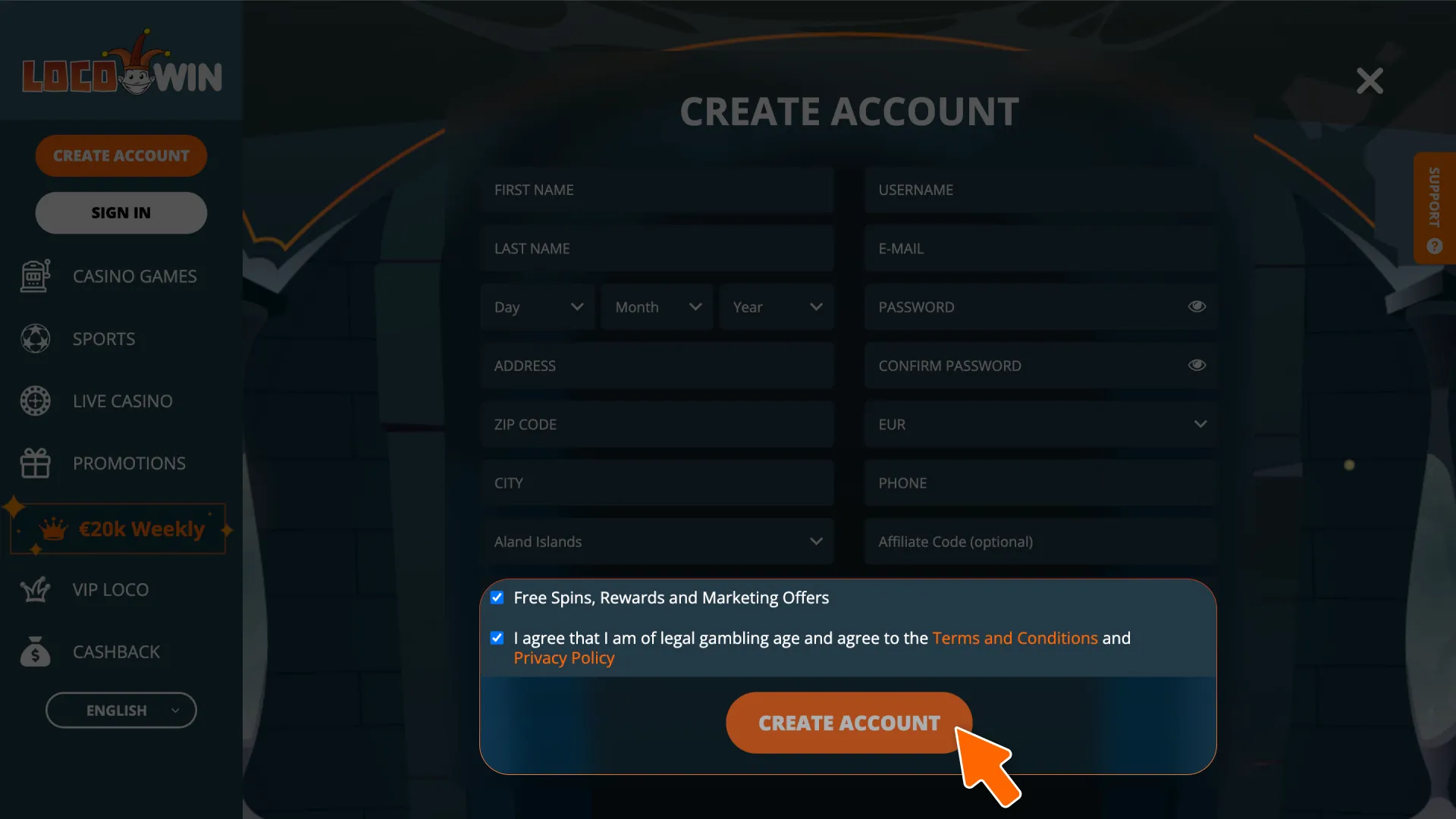 Finalize the steps to complete LocoWin registration and start playing.