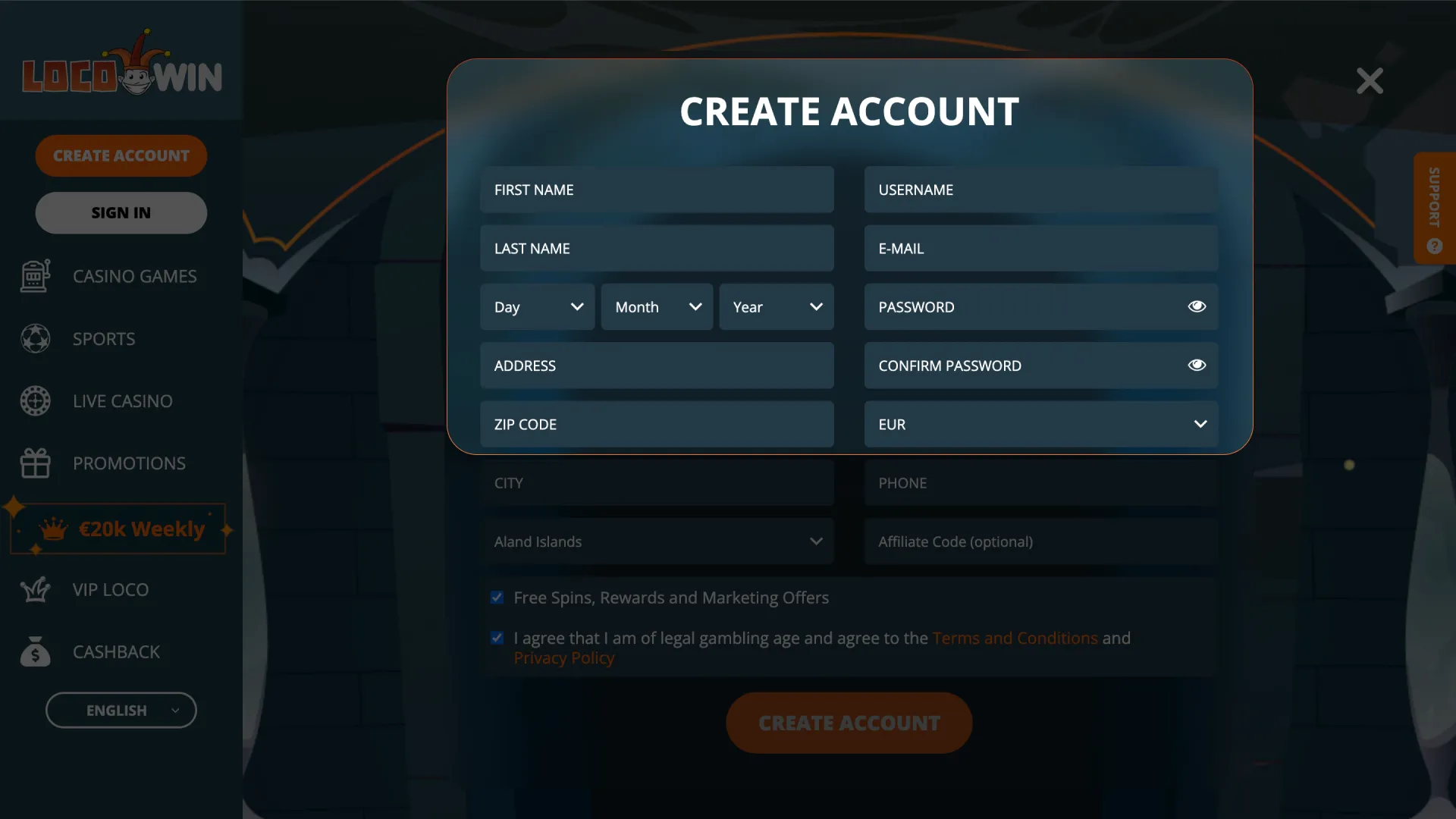 Détails de l inscription sur Locowin Casino