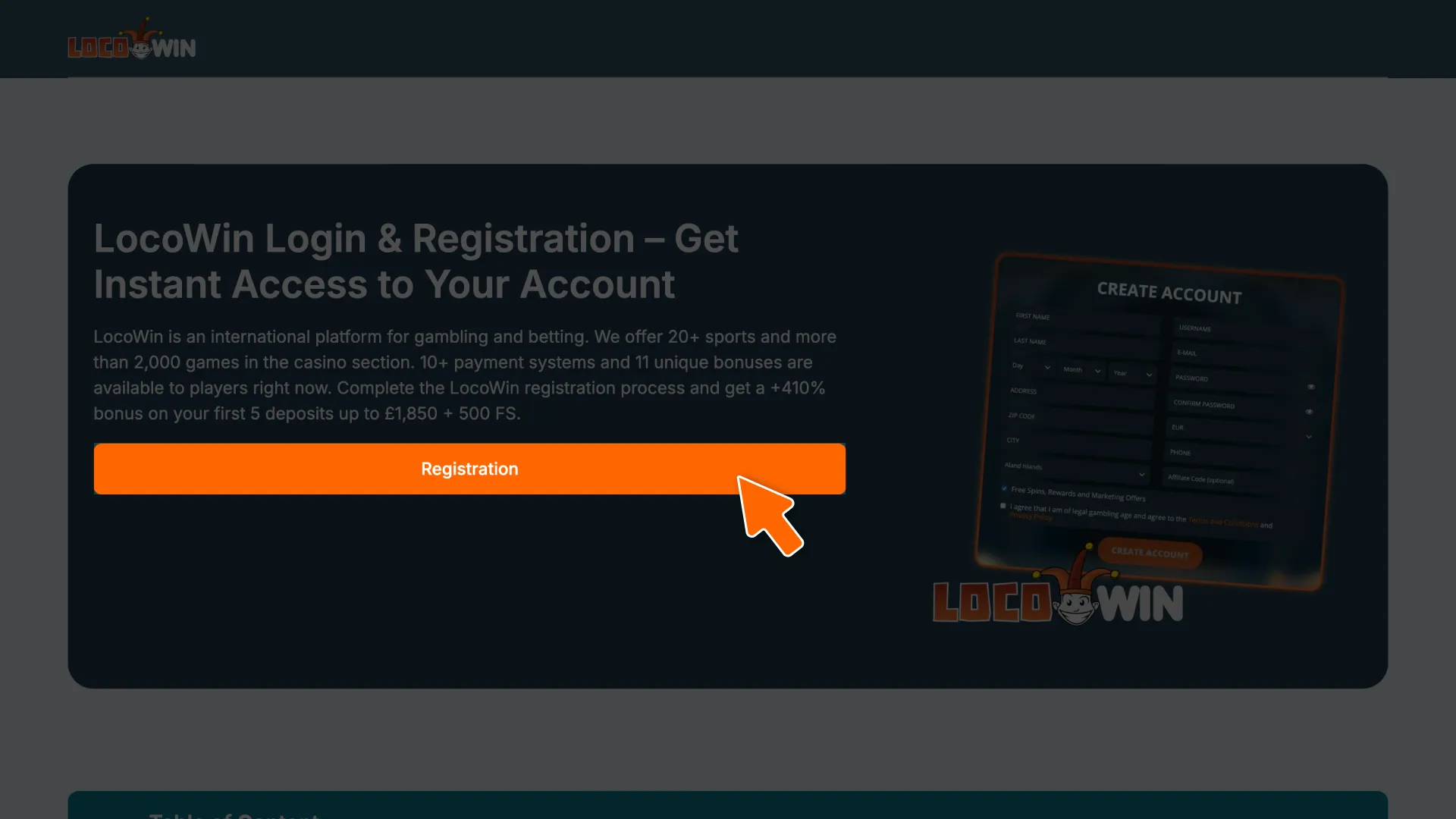 Click the button to start the registration process on the LocoWin website.