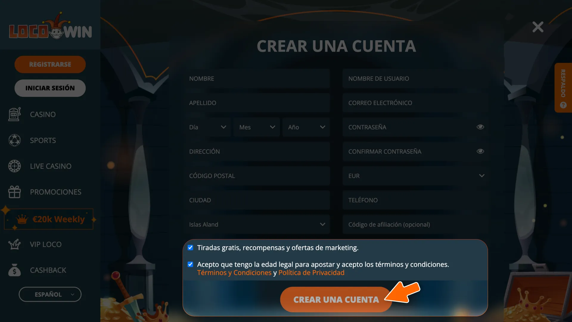 Finaliza los pasos para completar el registro en LocoWin y comenzar a jugar.