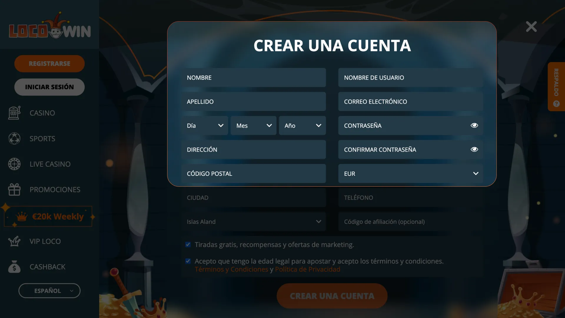 Proporciona tus datos para completar tus datos durante el registro de LocoWin.