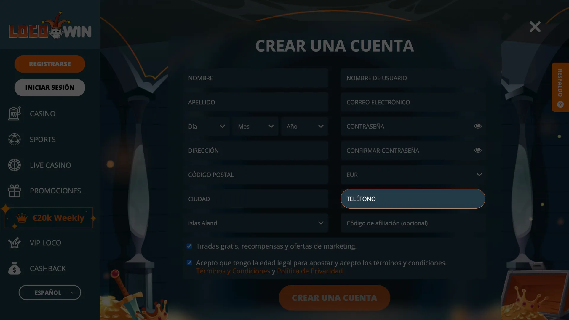 Verifique su identidad y confirme su número de teléfono para registrarse en LocoWin.