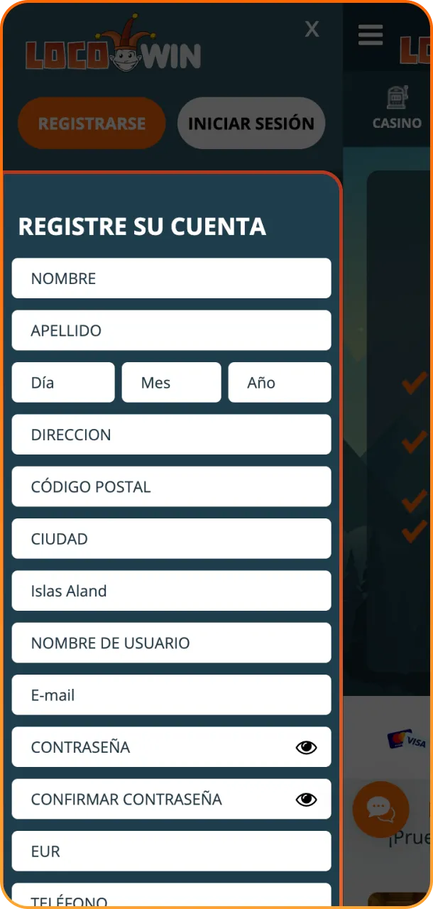 Envíe el formulario e ingrese sus datos personales para registrarse en LocoWin.
