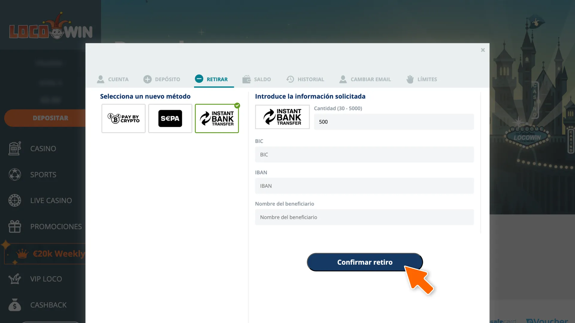 Ingrese el monto y realice un pago para iniciar su retiro de LocoWin.