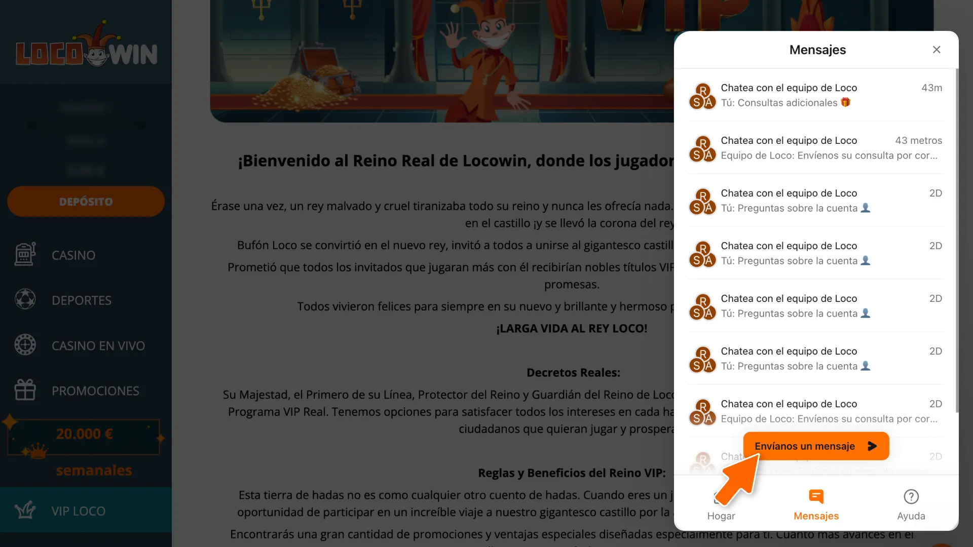 Comuníquese con el soporte técnico para obtener información sobre su estado VIP de LocoWin.