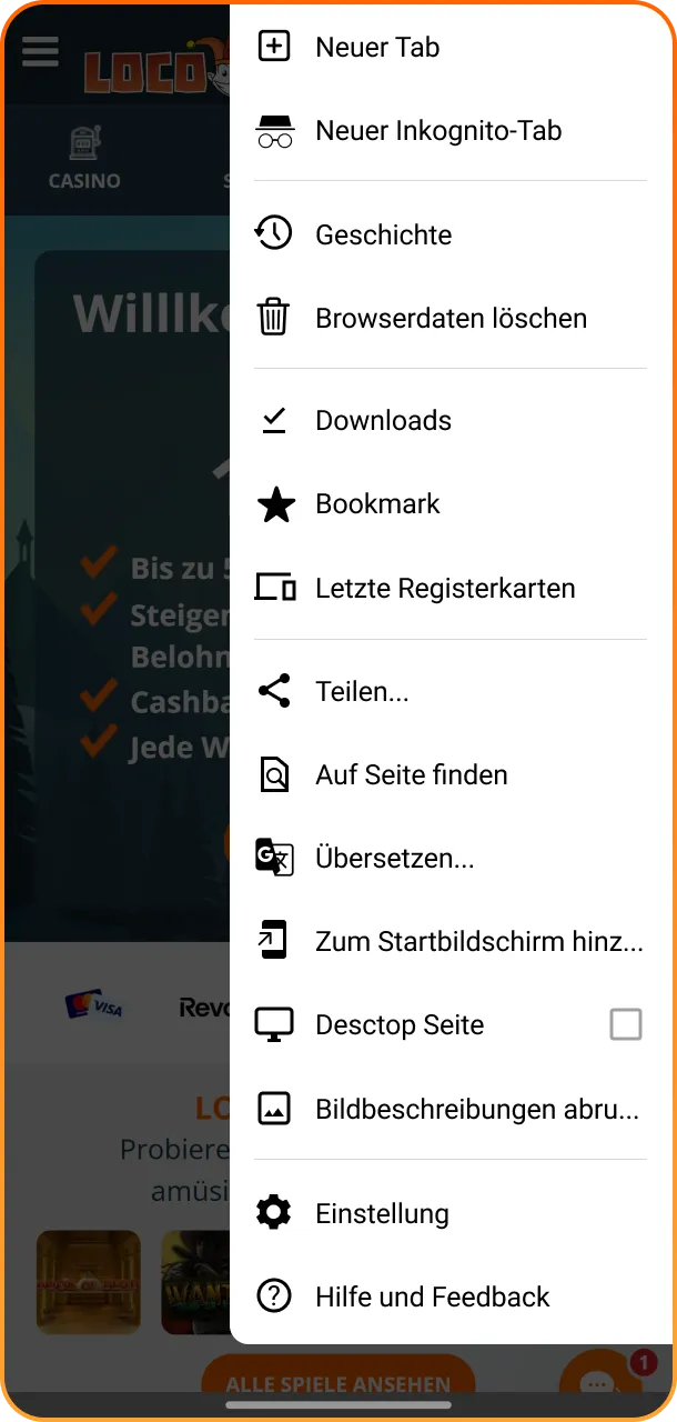 Tippe auf die drei Punkte in der Ecke deines Browsers, um das Einstellungsmenü für die Locowin App zu öffnen.