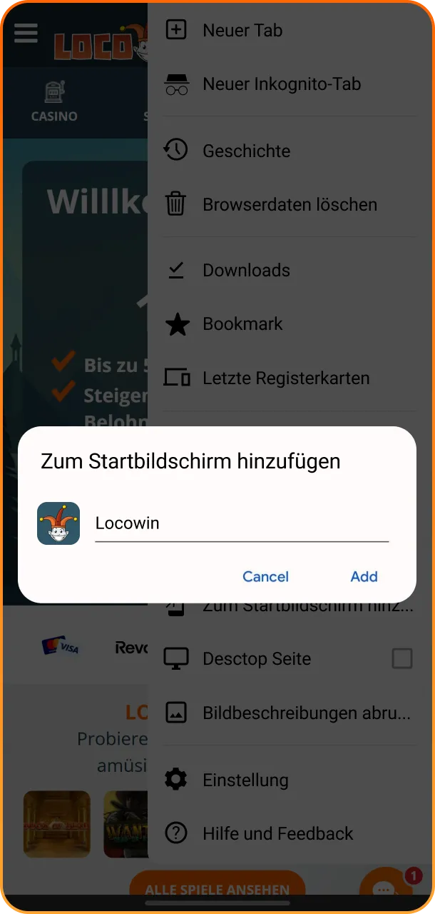 Bestätige den Vorgang im Pop-up-Fenster, damit das Icon der Locowin App auf deinem Handy erscheint.