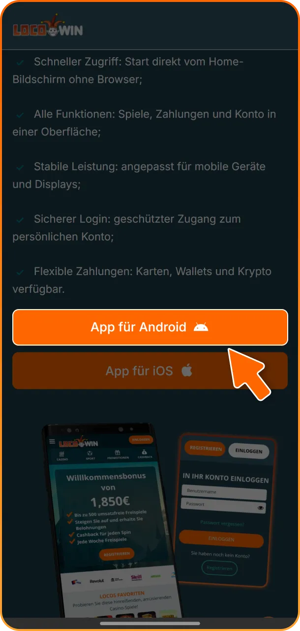 Besuche die offizielle Homepage direkt über deinen mobilen Browser, um die Locowin App zu laden.