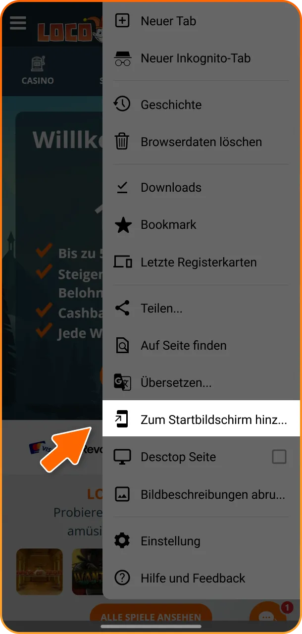 Wähle die Option „Zum Startbildschirm hinzufügen“, um die Locowin App als PWA zu installieren.