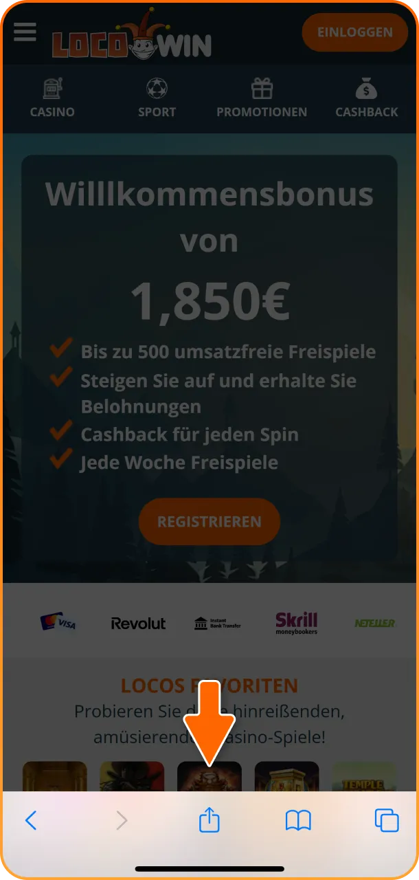 Tippe in der unteren Navigationsleiste auf das „Teilen“-Symbol, um die Optionen für die Locowin App anzuzeigen.