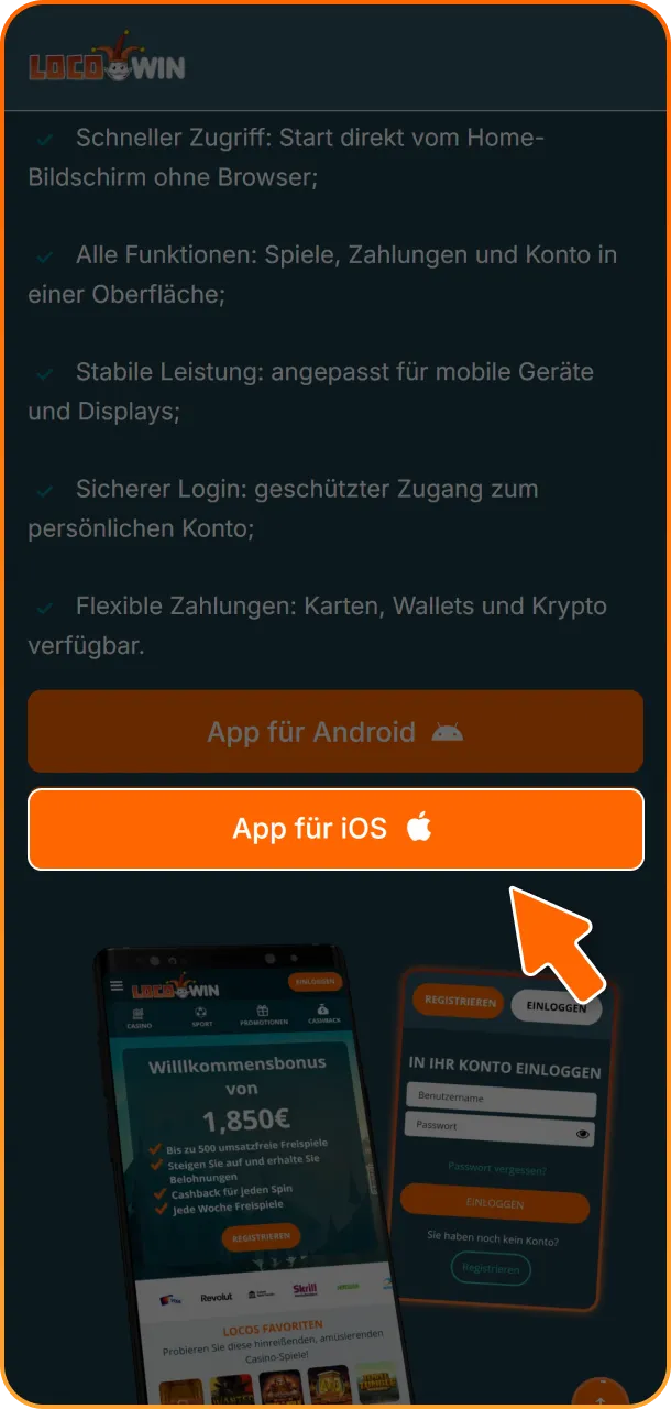 Öffne den Safari-Browser auf deinem iPhone und besuche das offizielle Portal der Locowin App.