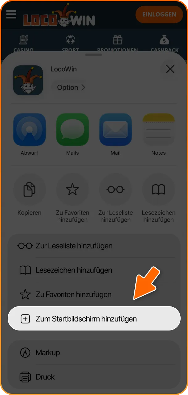 Scrolle nach unten und wähle den Punkt „Zum Home-Bildschirm“, um die Locowin App als PWA zu speichern.