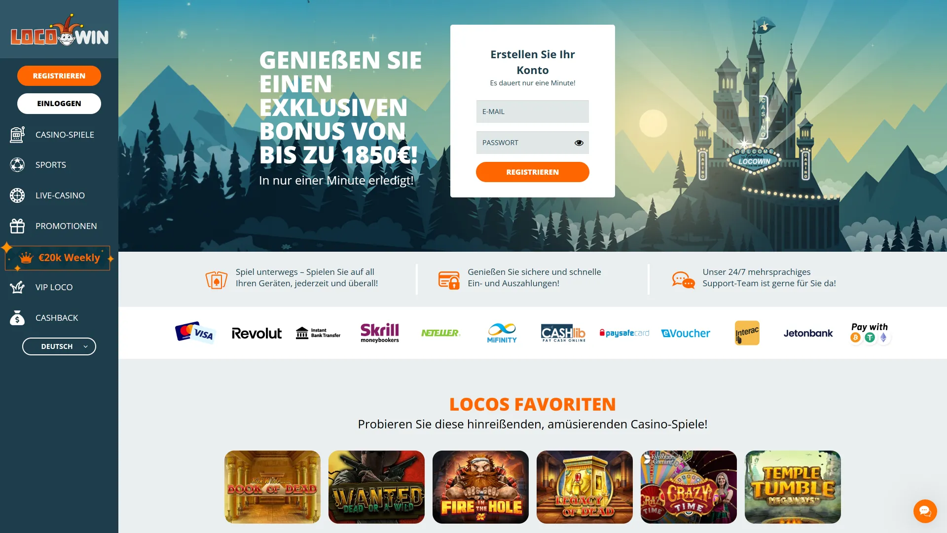 Erlebe die benutzerfreundliche und farbenfrohe Startseite der offiziellen LocoWin Casino Website.