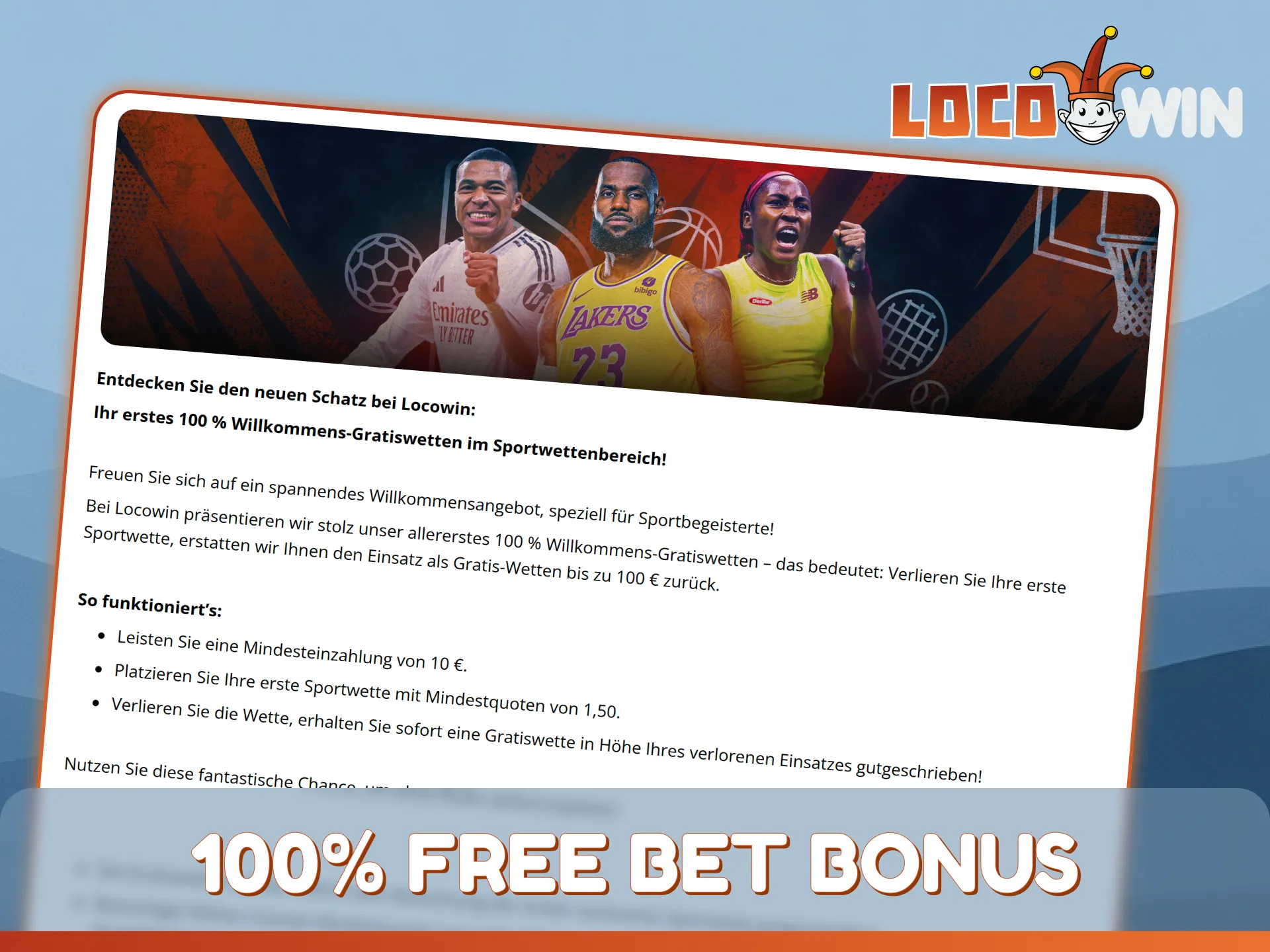 Sichere dir eine 100% Free Bet Bonus Gutschrift für deine Sportwetten im LocoWin Casino.