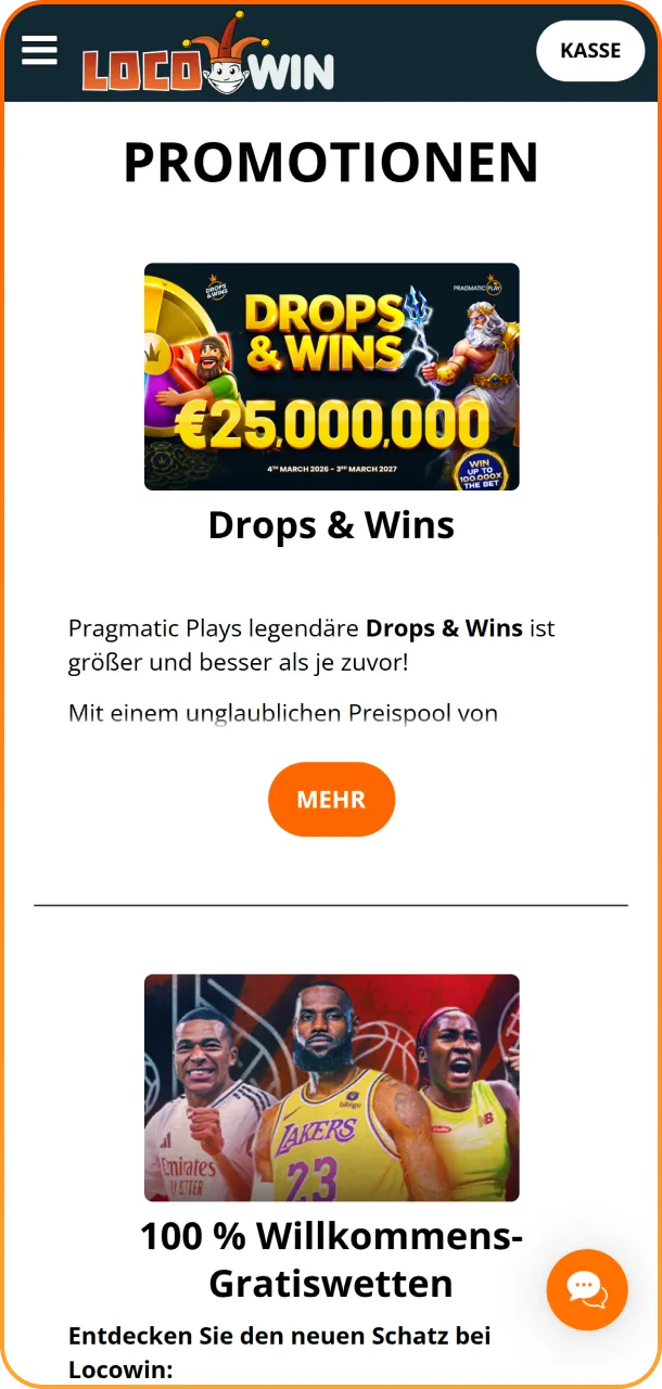 Navigieren Sie direkt zum Einzahlungsbereich in Ihrem LocoWin Profil.