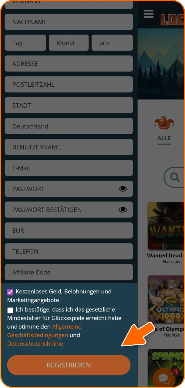 Akzeptieren Sie die Geschäftsbedingungen und schließen Sie die Anmeldung ab, um sofort in der Locowin App loszulegen.