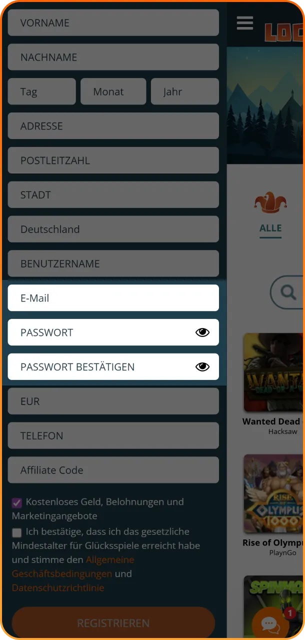 Legen Sie Ihre grundlegenden Kontodaten wie Passwort und E-Mail für Ihren sicheren Zugang zur Locowin App fest.
