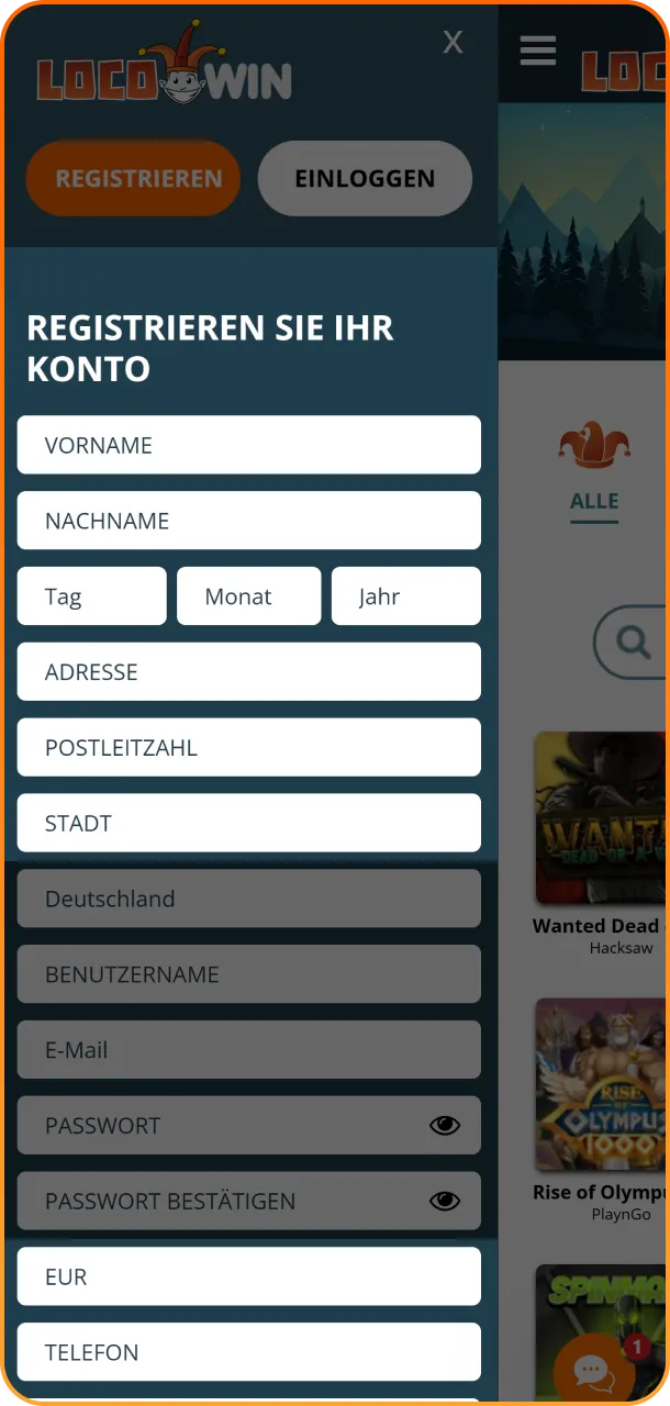 Geben Sie Ihre persönlichen Daten und Kontaktinformationen direkt in das Anmeldeformular der Locowin App ein.