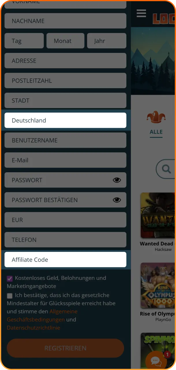 Wählen Sie Ihr Land aus und machen Sie bei Bedarf optionale Angaben, um Ihr Profil in der Locowin App zu personalisieren.