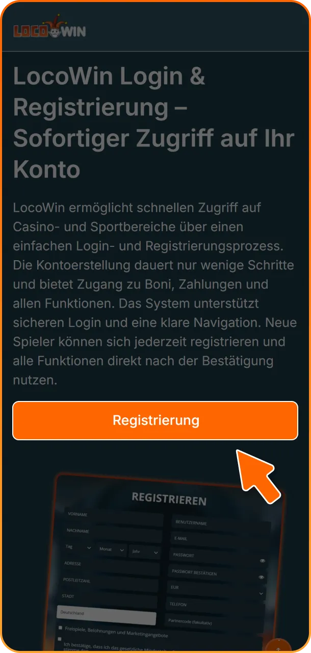 Rufen Sie die mobile Version über unsere Website auf, um den Registrierungsprozess in der Locowin App zu starten.
