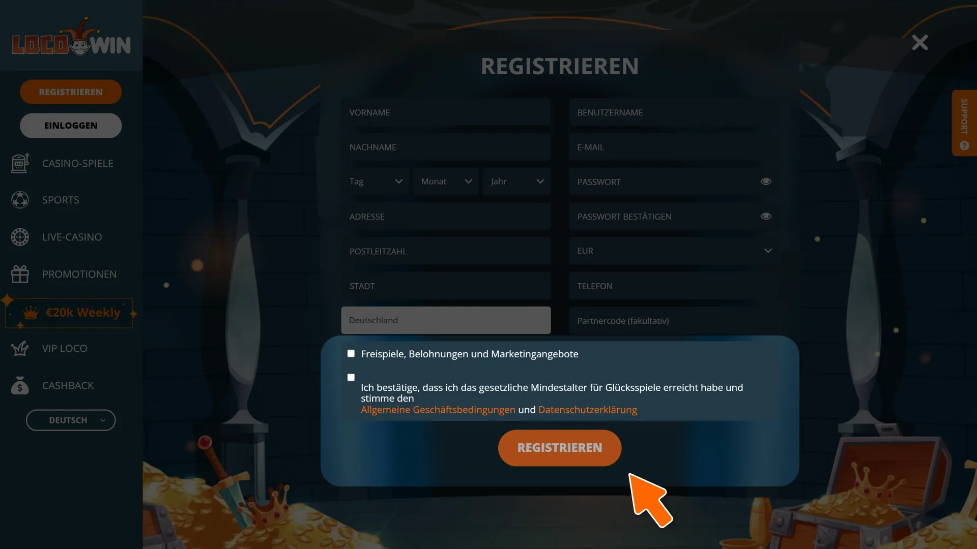 Akzeptieren Sie die Allgemeinen Geschäftsbedingungen und schließen Sie Ihre Registrierung im LocoWin Casino erfolgreich ab.
