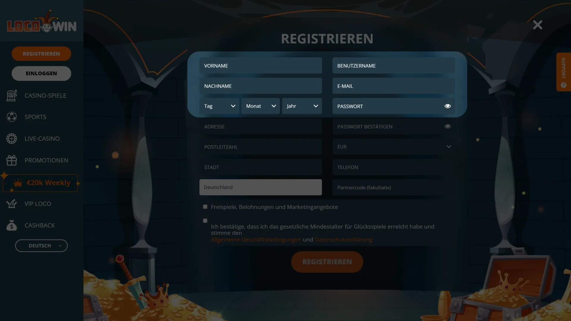 Legen Sie Ihren Benutzernamen fest und geben Sie Ihre E-Mail-Adresse sowie ein sicheres Passwort für das LocoWin Casino ein.