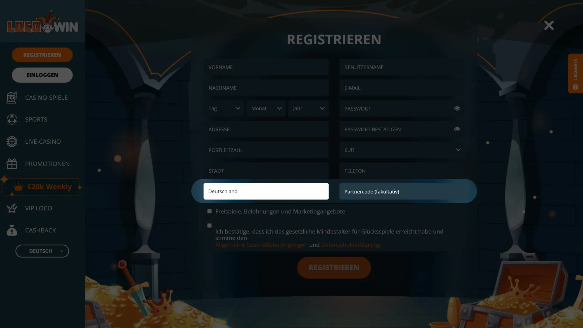 Bestätigen Sie Ihren Wohnsitz in Deutschland und vervollständigen Sie Ihre Adressdaten im LocoWin Casino Profil.
